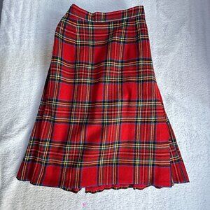 Vintage Estrella Womens Red Blue Plaid A-Line Skirt Pleated Back Holiday Classic